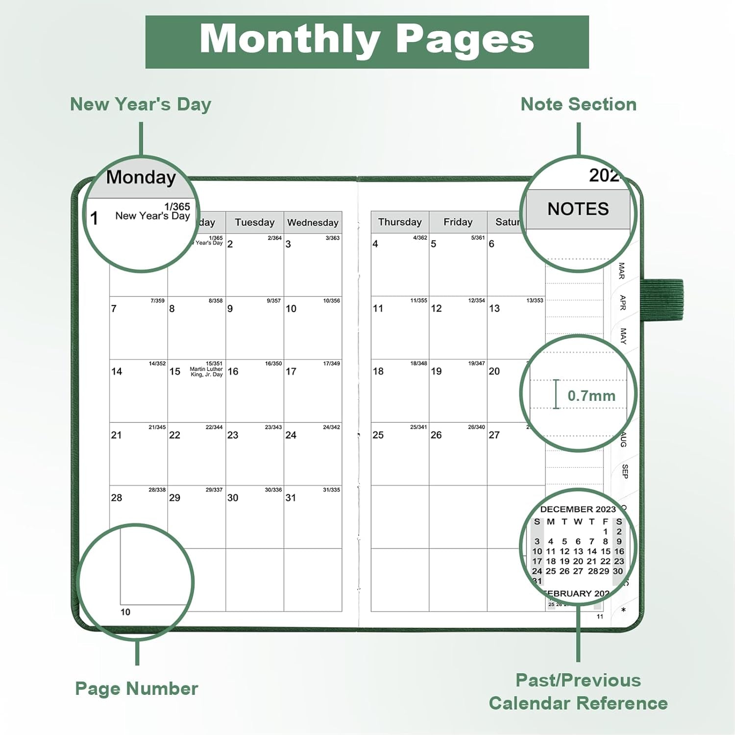 2024 Daily Pocket Planner 2024 Calendars 12 Month Planner 4'' X 6'', Leather Hardcover Weekly Monthly Planner Hourly Appointment Planner, Green