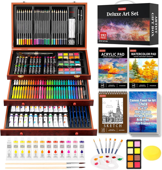 Art Supplies, 192-Pack Deluxe Art Set Drawing Painting Supplies Art Kit with Acrylic Pad, Watercolor Pad, Sketch Book, Canvases, Acrylic Paint, Crayons, Pencils, Gifts for Artists Adults Kids