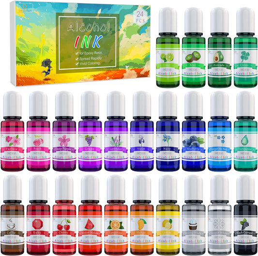 Alcohol Ink Set - 24 Vibrant Colors Alcohol-Based Ink for Resin Petri Dish Making, Epoxy Resin Painting - Concentrated Alcohol Paint Color Dye for Resin Art, Tumbler Making, Painting - 24 X 10Ml/.35Oz