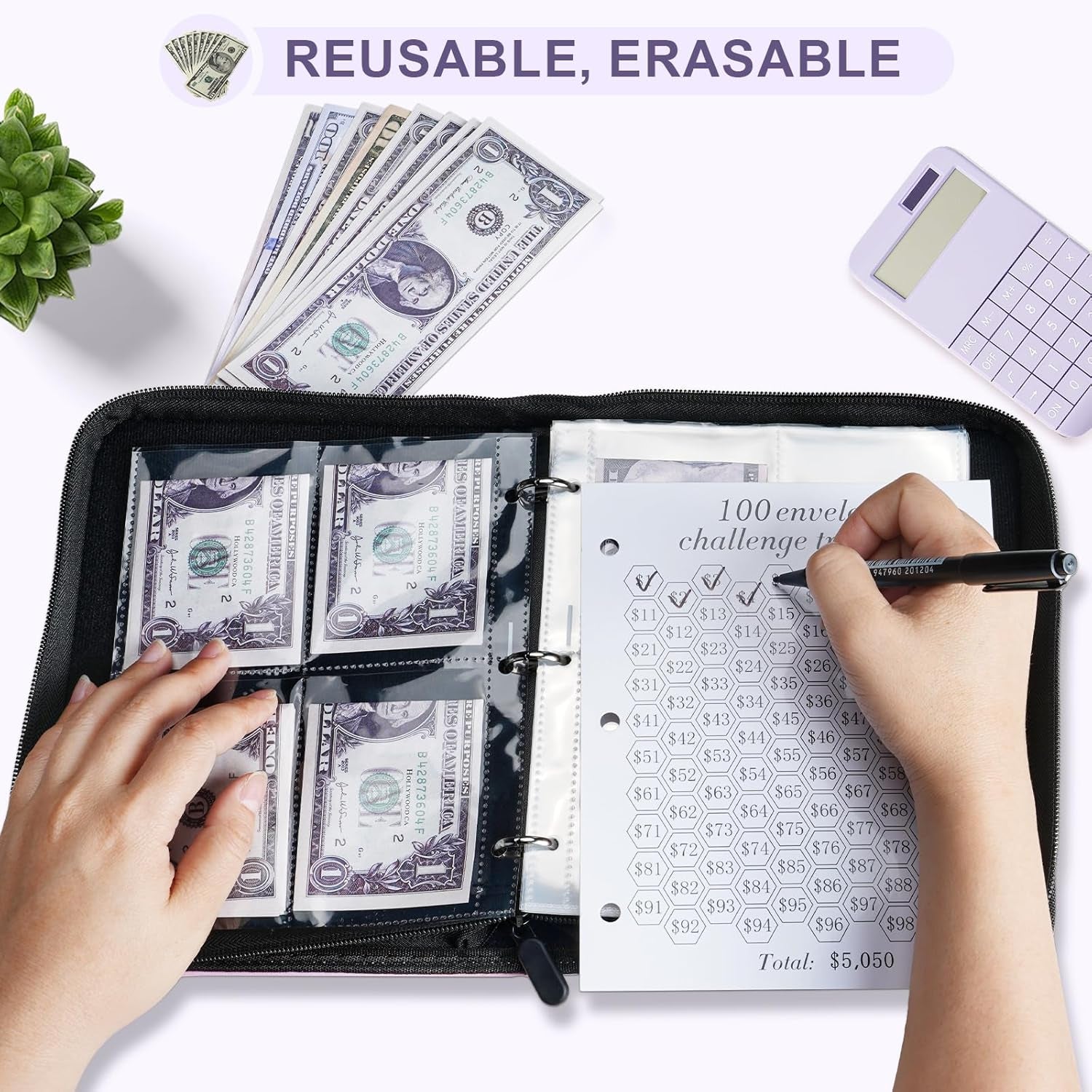 100 Envelopes Money Saving Challenge - Budget Binder Money Saving Challenge Book to save $5,050 with Cash Envelopes, A5 Binder for Money Saving Challenge Book, Purple