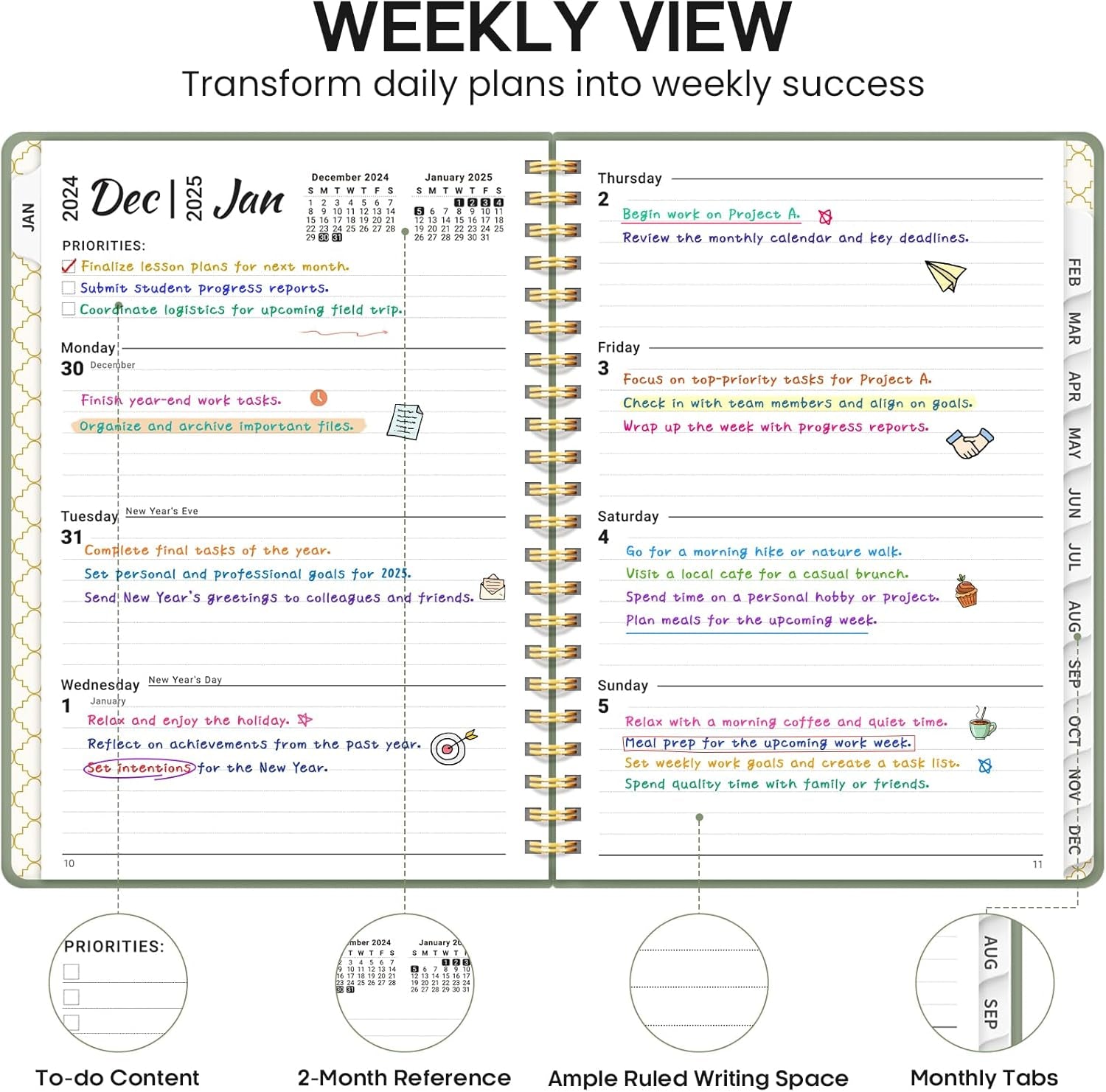 2025 Planner, Weekly and Monthly Calendar Planner Book, January 2025 - December 2025, Hardcover Planner 2025 with Monthly Tabs, Notes Pages, Spiral Bound, Inner Pocket, A5 (6.4" X 8.5") - Green