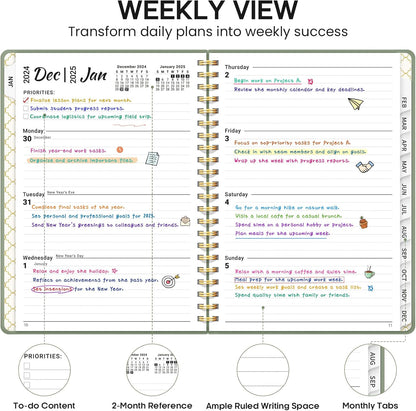 2025 Planner, Weekly and Monthly Calendar Planner Book, January 2025 - December 2025, Hardcover Planner 2025 with Monthly Tabs, Notes Pages, Spiral Bound, Inner Pocket, A5 (6.4" X 8.5") - Green