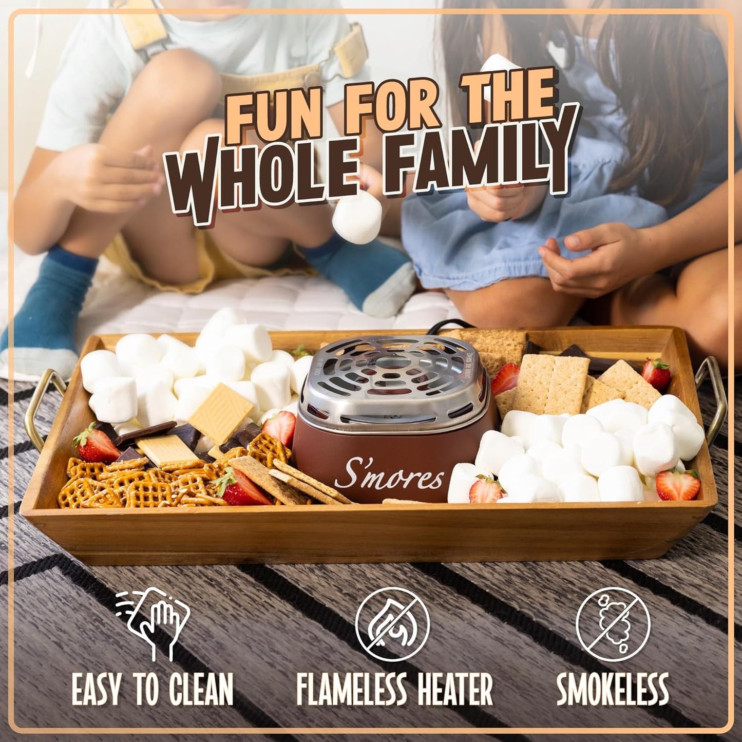 Tabletop Indoor Electric S'Mores Maker - Smores Kit with Marshmallow Roasting Sticks and 4 Trays for Graham Crackers, Chocolate, and Marshmallows - Movie Night Supplies - Brown