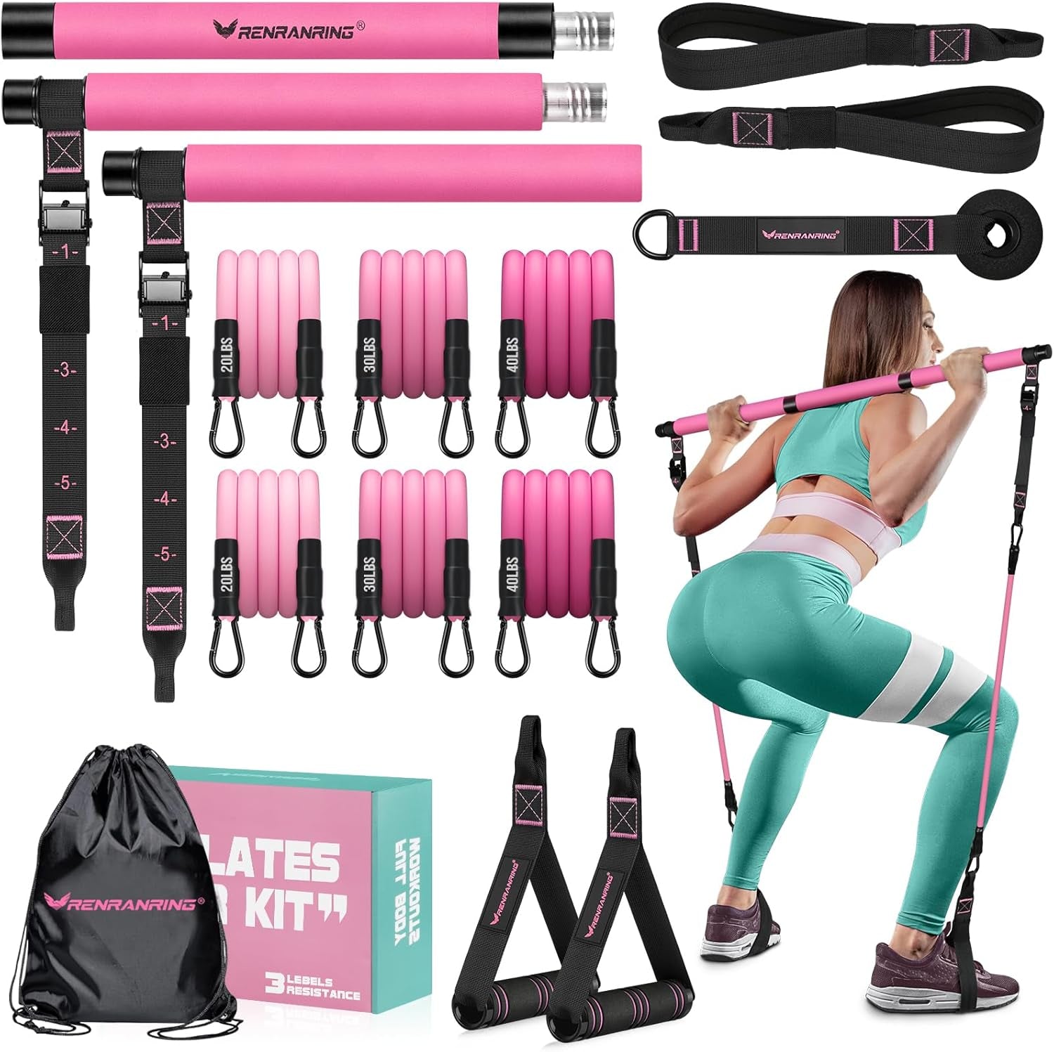 Pilates Bar Kit with Resistance Bands, Multifunctional Pilates Bar for Women & Men with Heavy-Duty Metal Adjustment Buckle, Pilates Home Equipment for Full Bodyworkouts