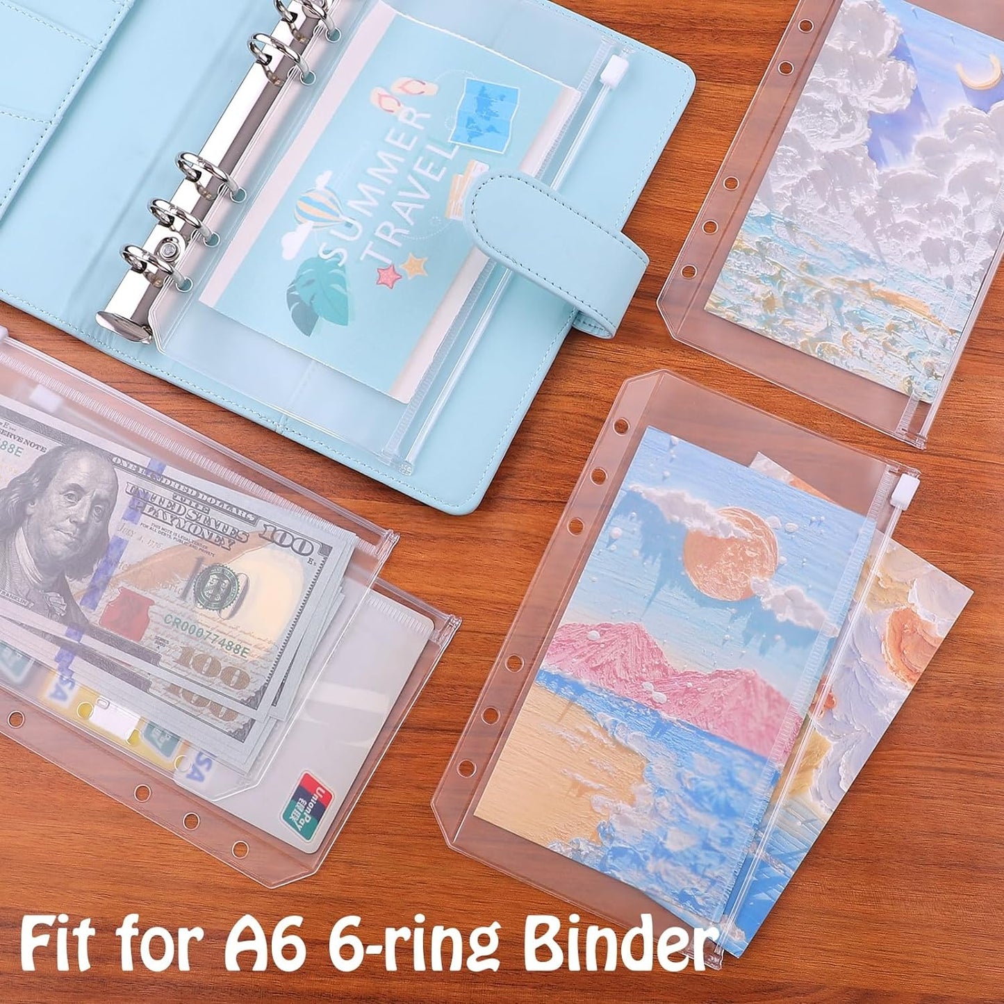 12Pcs A6 Size Binder Pockets 6 Holes Budget Cash Envelopes for Budgeting, Clear Zipper Folders Loose Leaf Bags for A6 6-Ring Budget Binder, Waterproof PVC Document Pouch Filing Bags