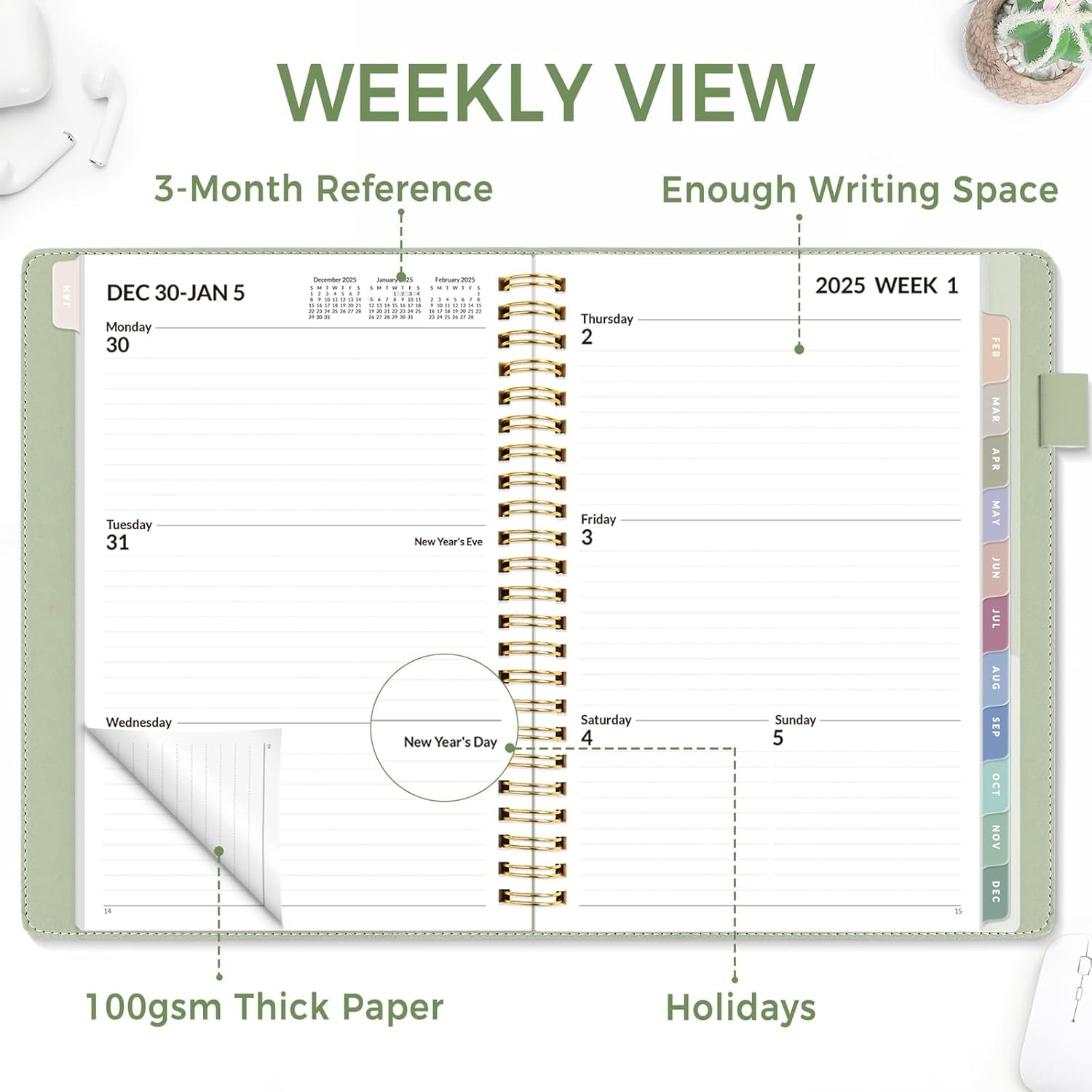 2025 Weekly & Monthly Planner 6.4"X8.5"- 12 Month (January 2025 - December 2025), Vegan Leather Cover, Pocket, Bookmark, Notes, Monthly Tab