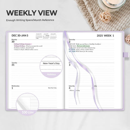 2025 Weekly & Monthly Hardcover Planner 5.5" X 8.3" - 12 Month (January 2025 - December 2025), Small Hardcover Planner, Pocket, Notes, 100 GSM Paper, Purple