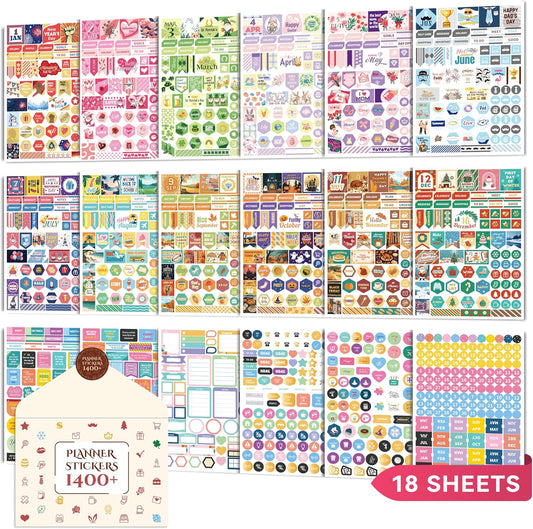 Planner Stickers, 18 Sheets Monthly Calendar Sticker Pack, Inspirational Motivational Quotes Festivals Label Sticker, for Decorating Organizers Scrapbooks Laptops Cups