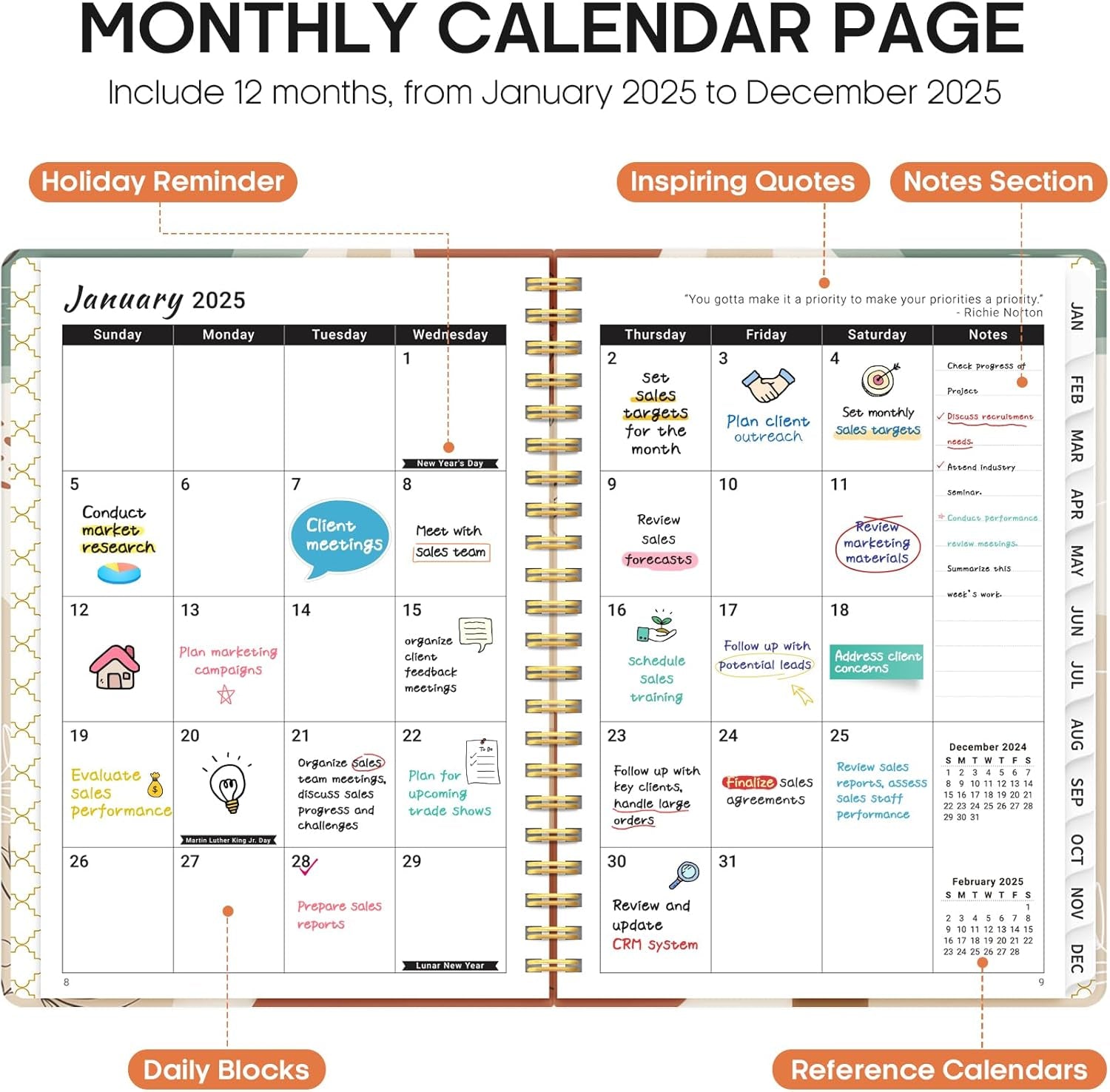 2025 Planner, Weekly and Monthly Planner, 12 Month (Jan 2025 - Dec 2025), Hardcover 2025 Calendar Planner Book with Monthly Tabs, Inner Pocket, Spiral Bound, Perfect for Office Home School Supplies - A5 (6.3" X 8.5"), Abstract