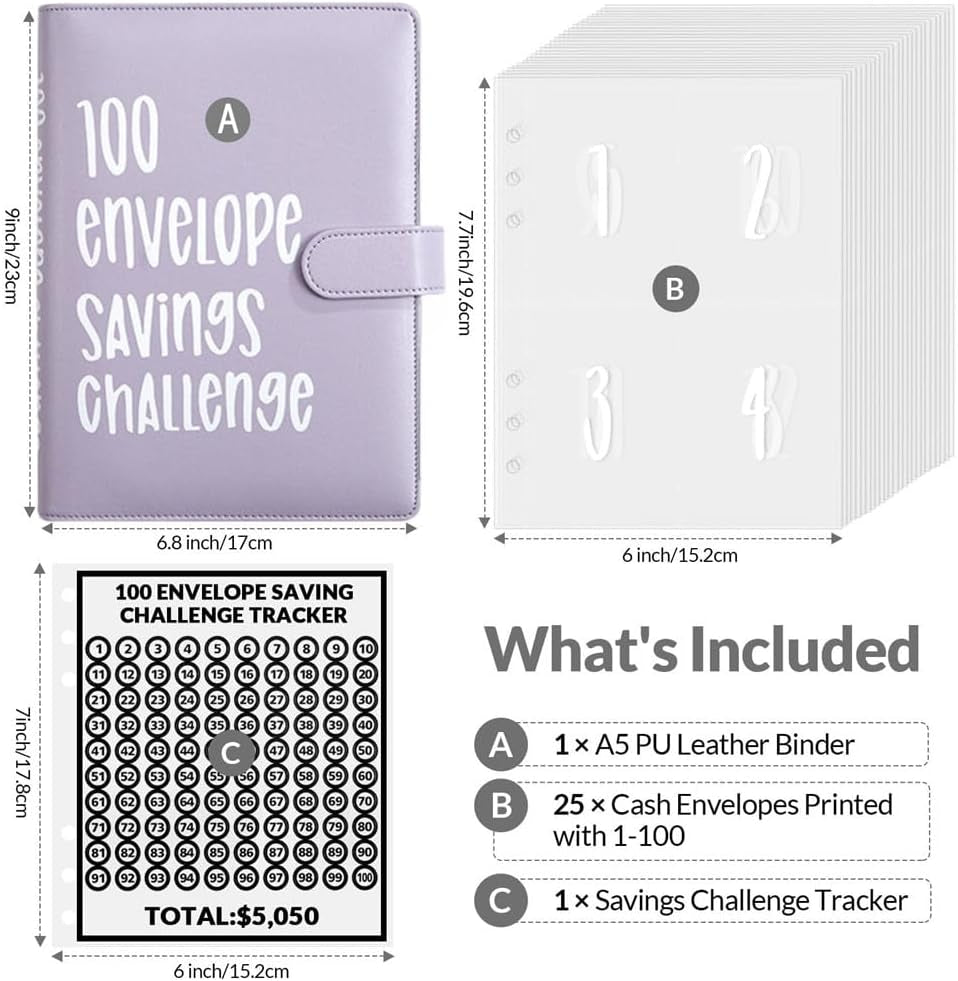 100 Envelope Challenge Binder Money Saving Binder, Easy and Fun Way to save $5,050, Cash Stuffing Binder Budget Planner Savings Challenge Book (Purple)