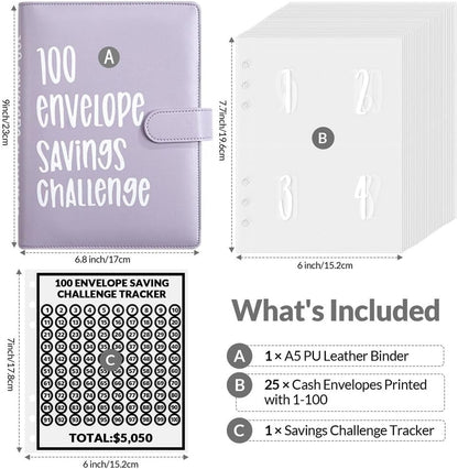 100 Envelope Challenge Binder Money Saving Binder, Easy and Fun Way to save $5,050, Cash Stuffing Binder Budget Planner Savings Challenge Book (Purple)