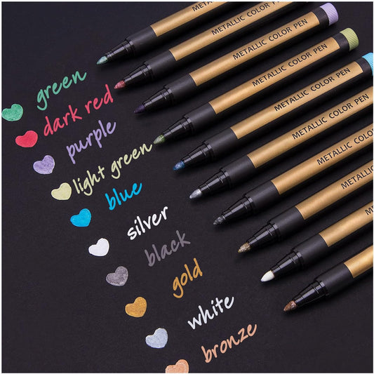 Metallic Marker Pens - Set of 10 Medium Point Metallic Markers for Rock Painting, Black Paper, Card Making, Scrapbooking Crafts, DIY Photo Album