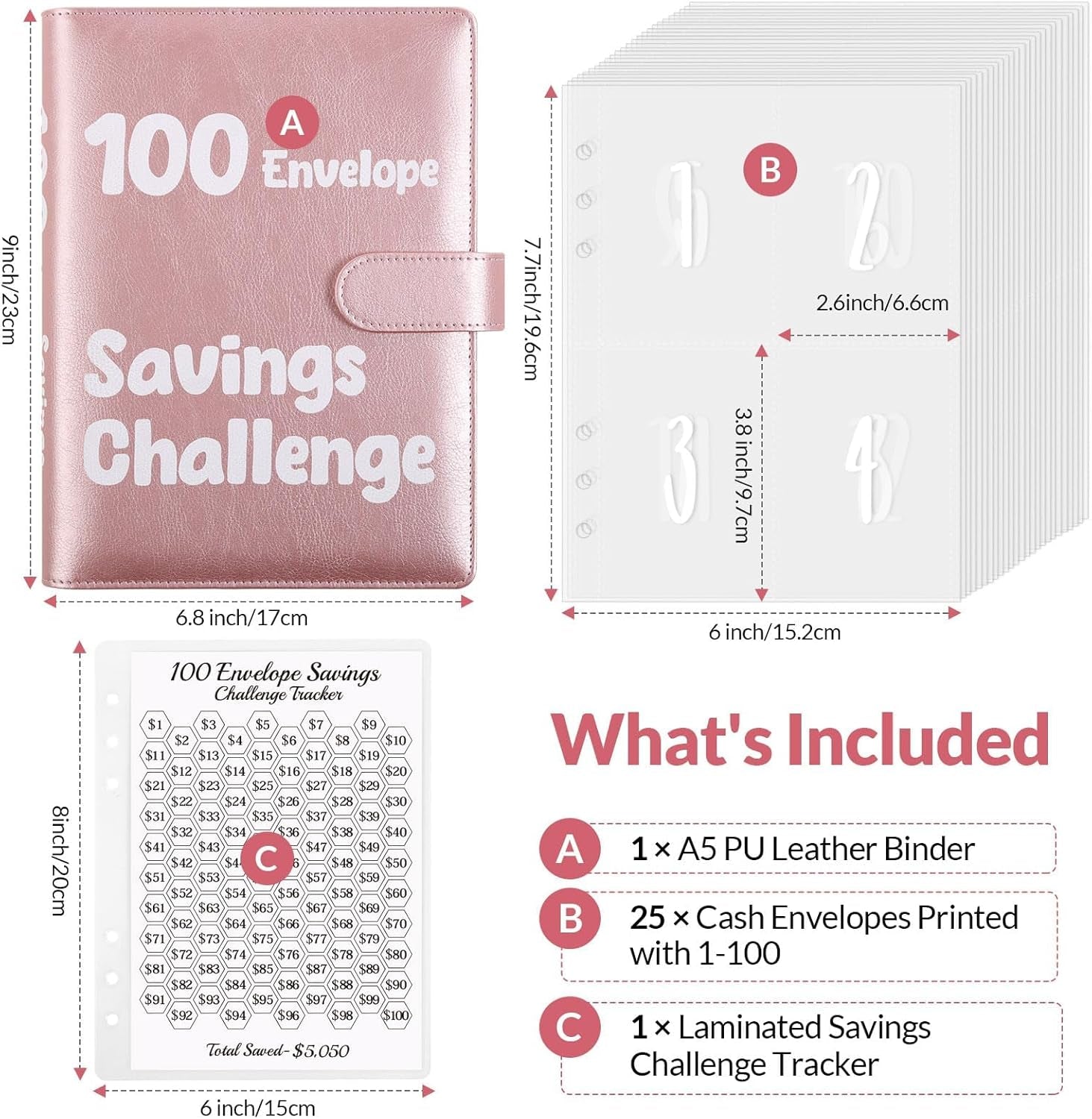 100 Envelopes Money Saving Challenge Binder, Savings Challenges Book with Cash Envelopes, Budget Binder with Double Side Laminated Tracker, Easy and Fun Way to save $5050, 10000