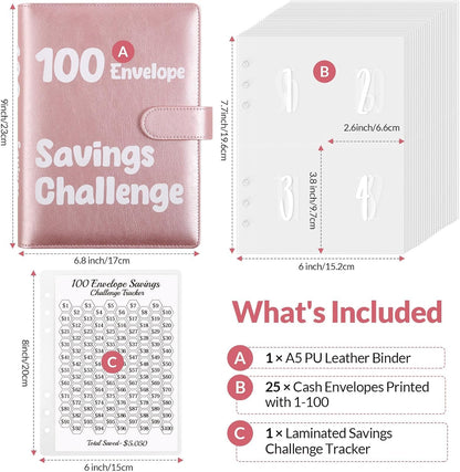 100 Envelopes Money Saving Challenge Binder, Savings Challenges Book with Cash Envelopes, Budget Binder with Double Side Laminated Tracker, Easy and Fun Way to save $5050, 10000