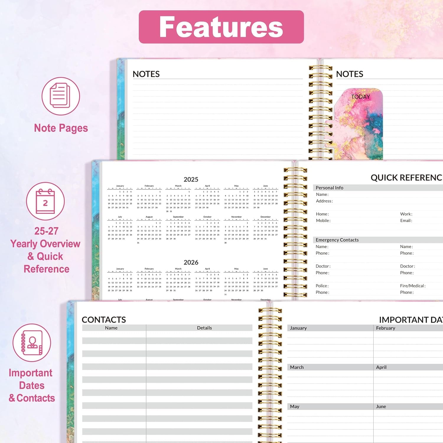 2025 Weekly and Monthly Planner - from January 2025 - December 2025, 8.5"X11" Daily Agenda Planner with Monthly Tab, Flexible Cover, Note Pages, Pockets, Bookmark, Spiral Binding, Marble