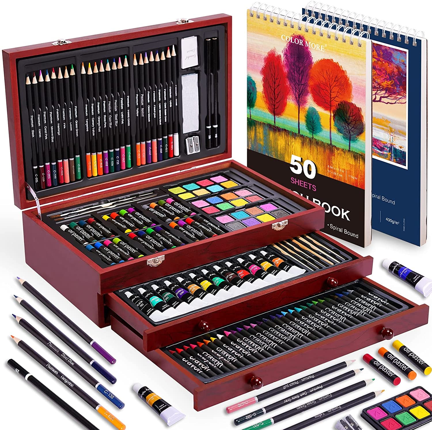 175 Piece Deluxe Art Set with 2 Drawing Pads, Acrylic Paints, Crayons, Colored Pencils Set in Wooden Case, Professional Art Kit, for Adults, Teens and Artist, Paint Supplies