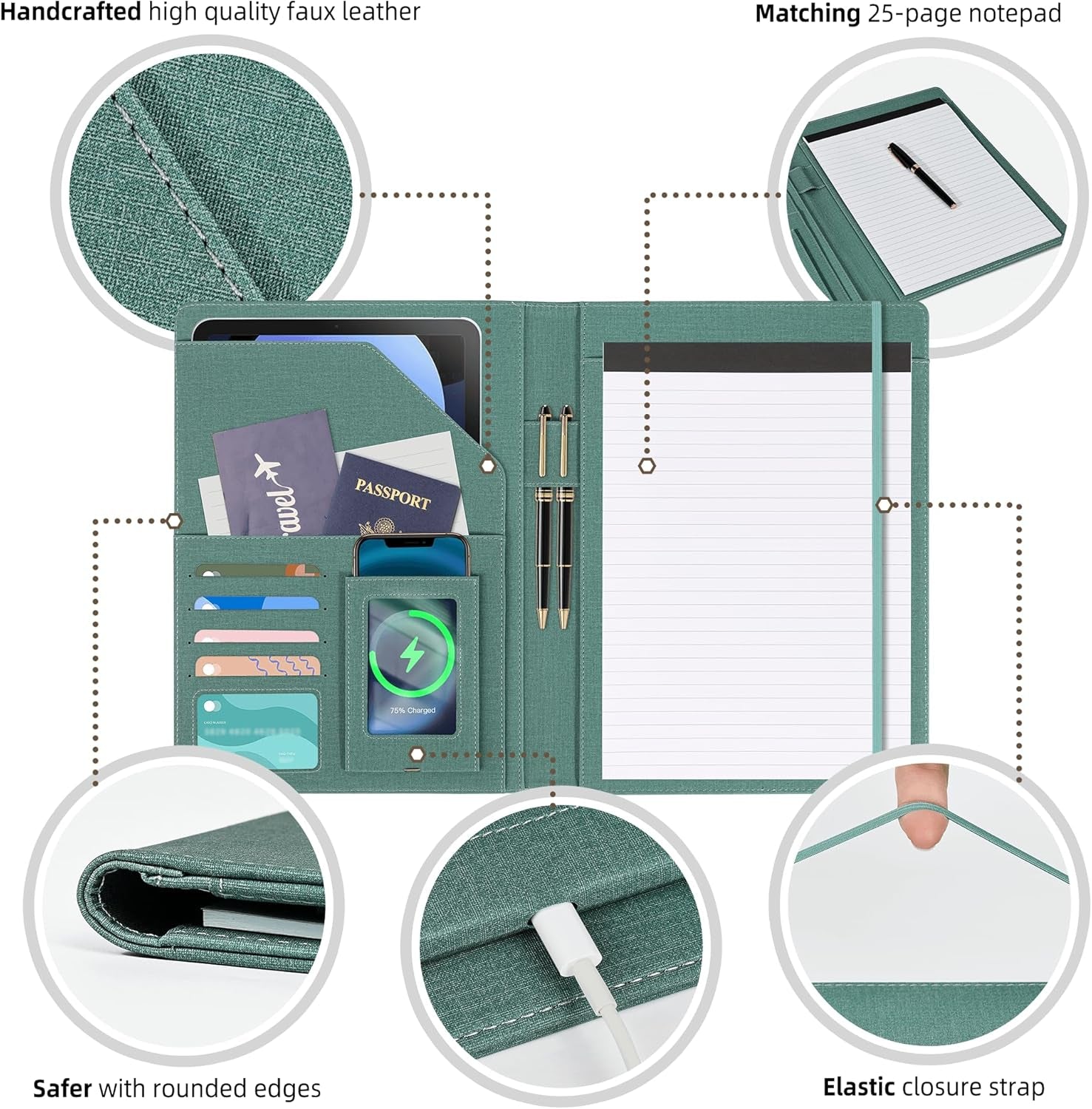 Foldable Spiral Clipboard Folio with Storage Zipper Pouch, 5 Plastic Folders with 10 Pockets,Refillable Lined Notepad (11" X 8.5"), Hardcover Project Organizer with 39 Stickers (Dark Green)