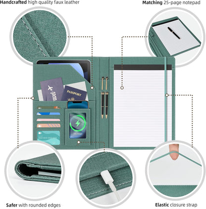 Foldable Spiral Clipboard Folio with Storage Zipper Pouch, 5 Plastic Folders with 10 Pockets,Refillable Lined Notepad (11" X 8.5"), Hardcover Project Organizer with 39 Stickers (Dark Green)