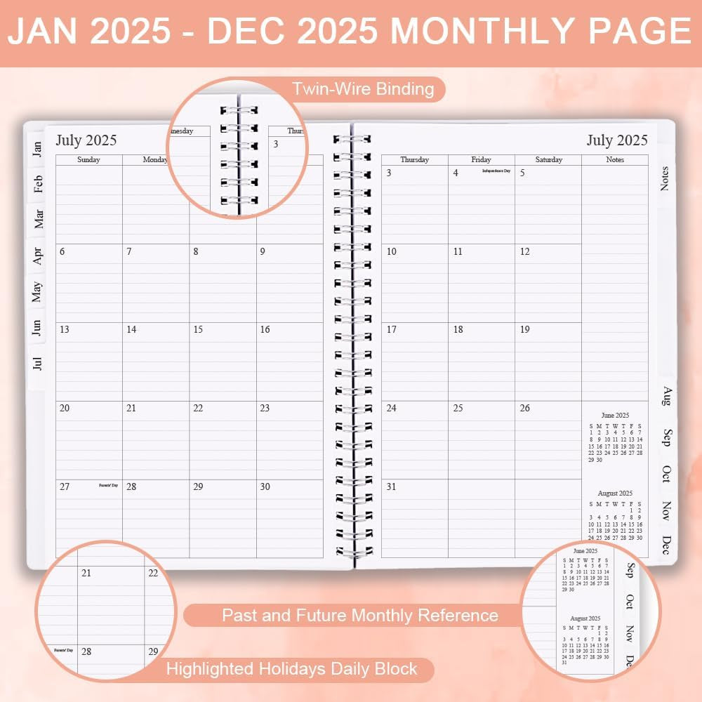 2025 Planner - Weekly & Monthly Planner Runs Jan 2025 to Dec 2025, 6.25" X 8.25", 12 Monthly Tabs, 14 Notes Page, Plastic Pocket, Flexible Cover with Twin-Wire Binding, Twig Planners 2025