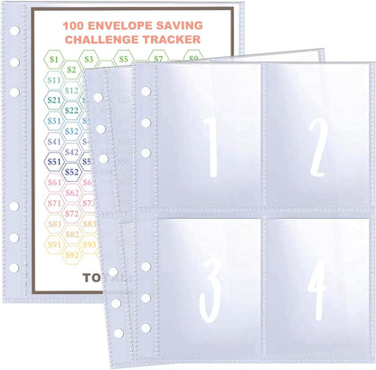 25 Pcs 4 Pocket 100 Envelopes Money Saving Challenge Sleeves and Tracker Sheet Protector, Fit for 6 Ring A5 Binder, Pre-Printed 1~100 Numbers Money Pockets Refill Pages,Top Loading Currency Pages