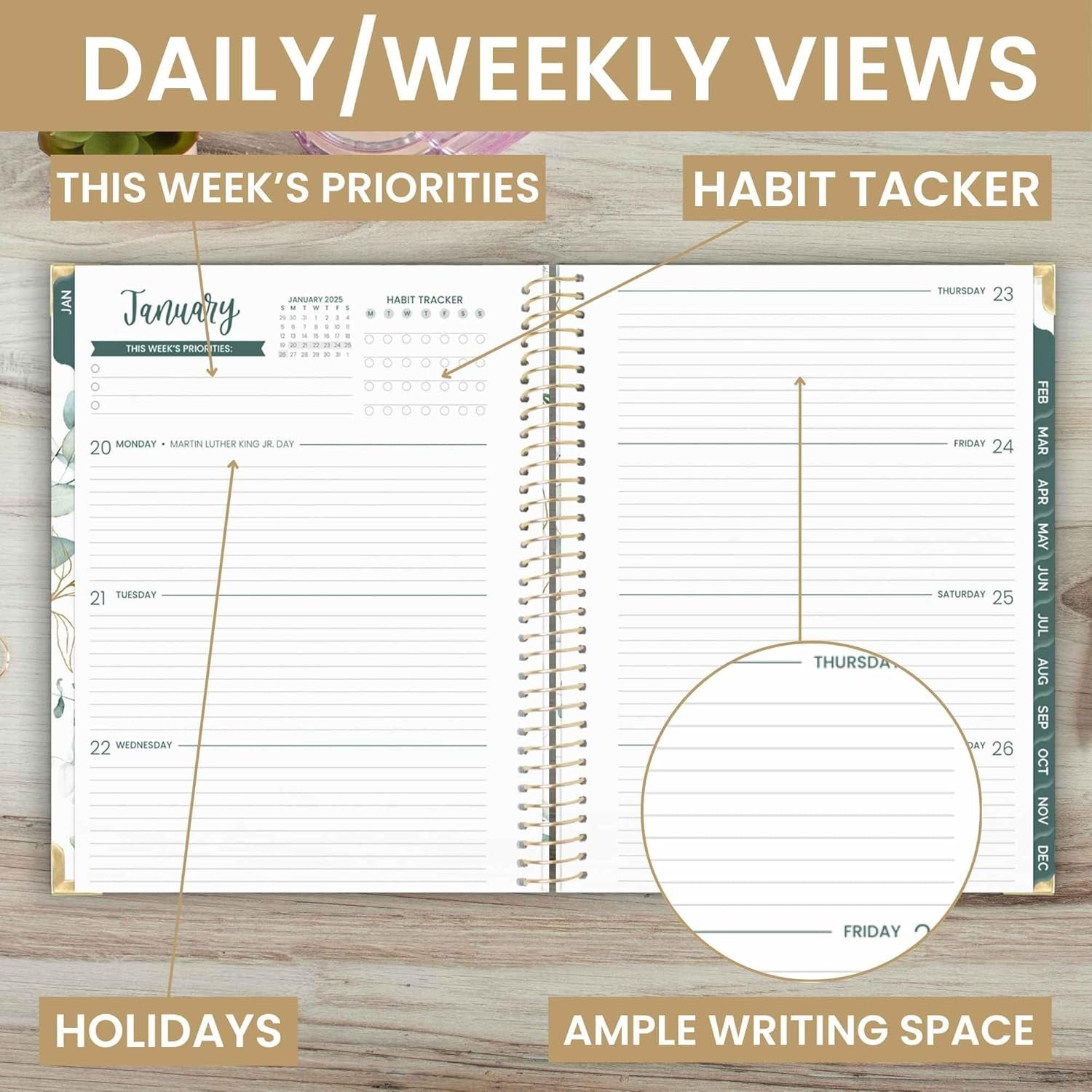 HARDCOVER 2025 (8.5" X 11") Calendar Year Day Planner (January 2025 - December 2025) - Passion/Goal Organizer - Monthly & Weekly Inspirational Agenda Book - Eucalyptus, White