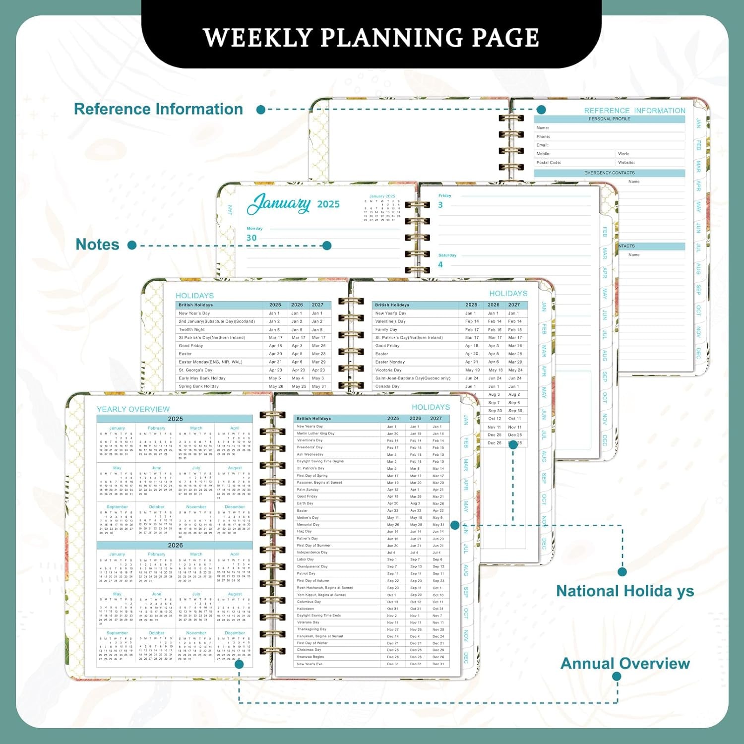 2025 Planner- Weekly and Monthly Planner, January 2025 - December 2025, Spiral Bound Hardcover Calendar Planner Book with Tabs, Inner Pocket, Perfect for School Supplies Office Home , A5 (6.3" X 8.5"), White