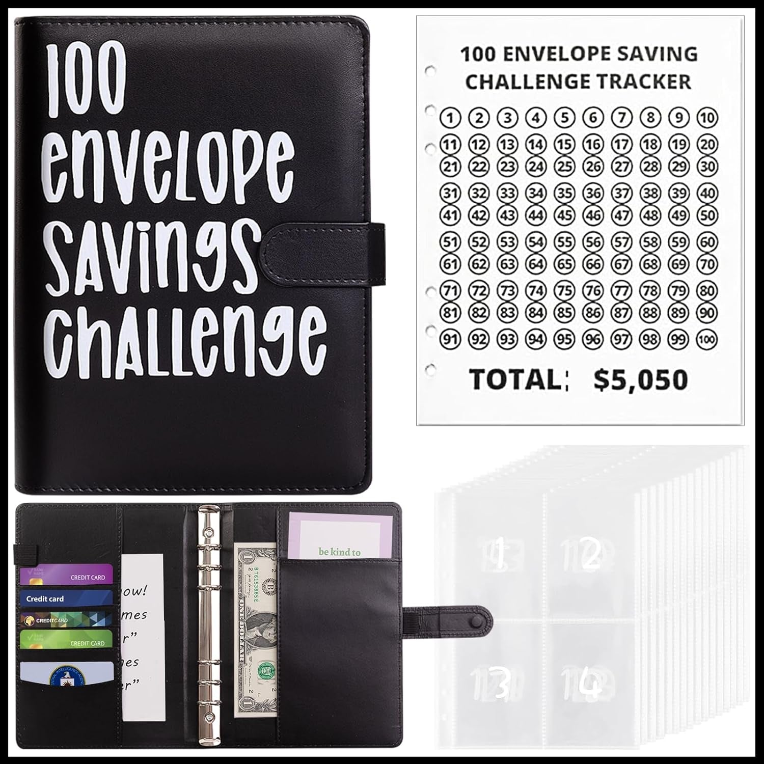 100 Envelopes Money Saving Challenge, A5 Money Saving Budget Binder with Cash Envelopes, Saving Challenge Book - Easy and Fun Way to save $5,050, (Black)