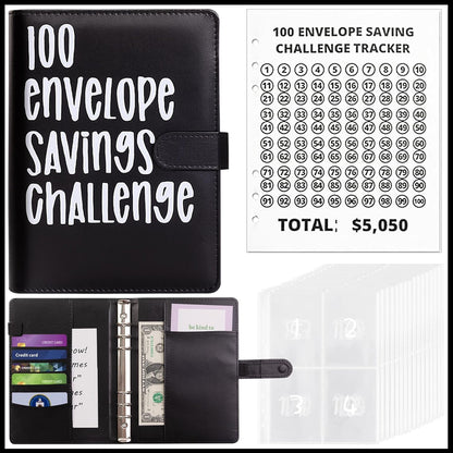 100 Envelopes Money Saving Challenge, A5 Money Saving Budget Binder with Cash Envelopes, Saving Challenge Book - Easy and Fun Way to save $5,050, (Black)