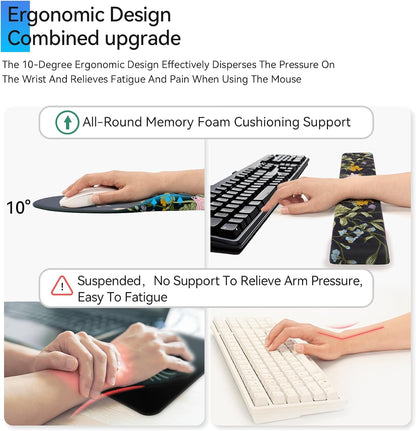 Ergonomic Wrist Rest, 3 in 1 Comfortable Mouse and Keyboard Wrist Support Set, Memory Foam, PU Base Non-Slip Wrist Support for Desk, Office and Home Use, Floral