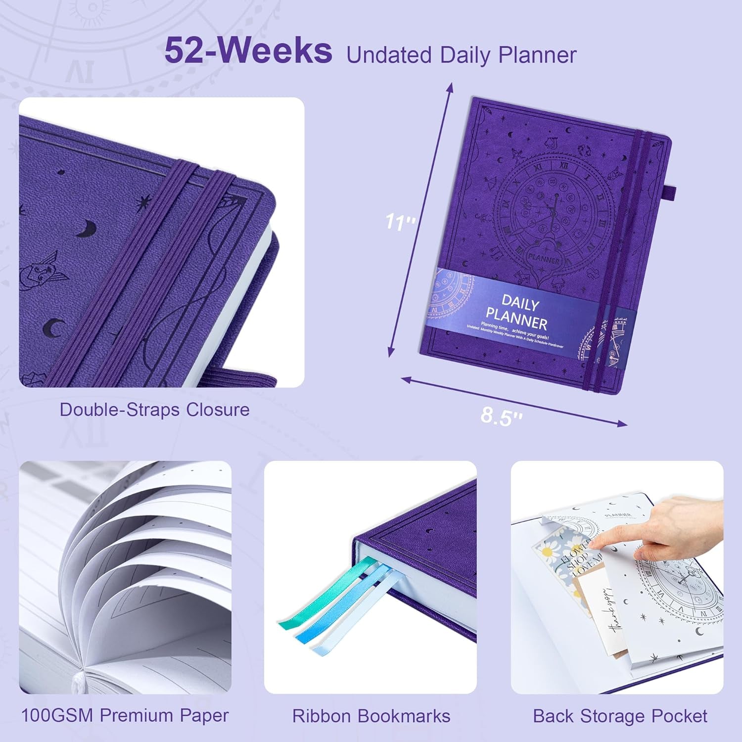 2025 Planner Weekly and Monthly, Undated Daily Planner 2025-2026, Hardcover 8.5 X 11, Leather A4 Office Supplies for Women & Men, Organizer Notebook with Stickers, Storage Pocket(Purple)