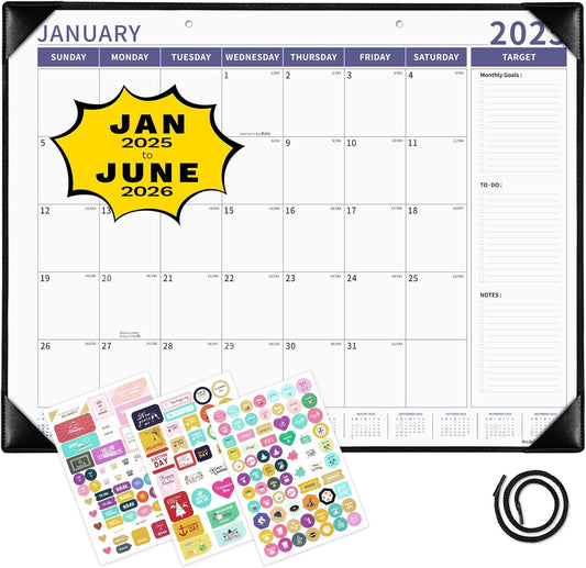 Large Desk Calendar 2025-2026 with Plastic Cover, 18 Months Planner Pad from January 2025 to June 2026, 22" X 17" PU Leather Wall Calendar for Home or Office, Black