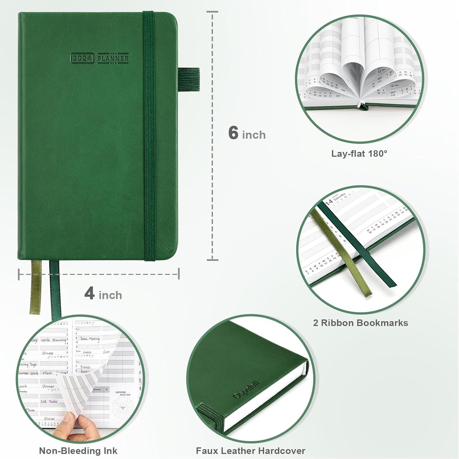 2024 Daily Pocket Planner 2024 Calendars 12 Month Planner 4'' X 6'', Leather Hardcover Weekly Monthly Planner Hourly Appointment Planner, Green