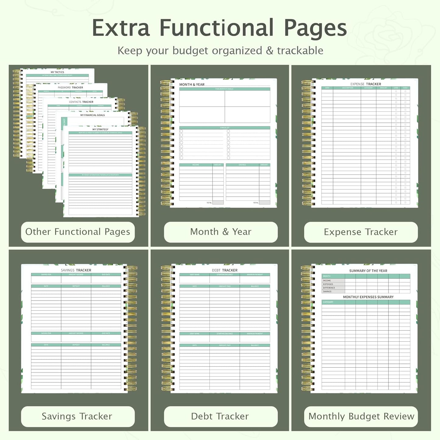 Budget Planner 2025, Spiral Budget Planner and Monthly Bill Organizer with Stickers, 8.5 X 11" Financial Planner Expense Tracker, Undated Budget Book with 12 Pockets (Green)