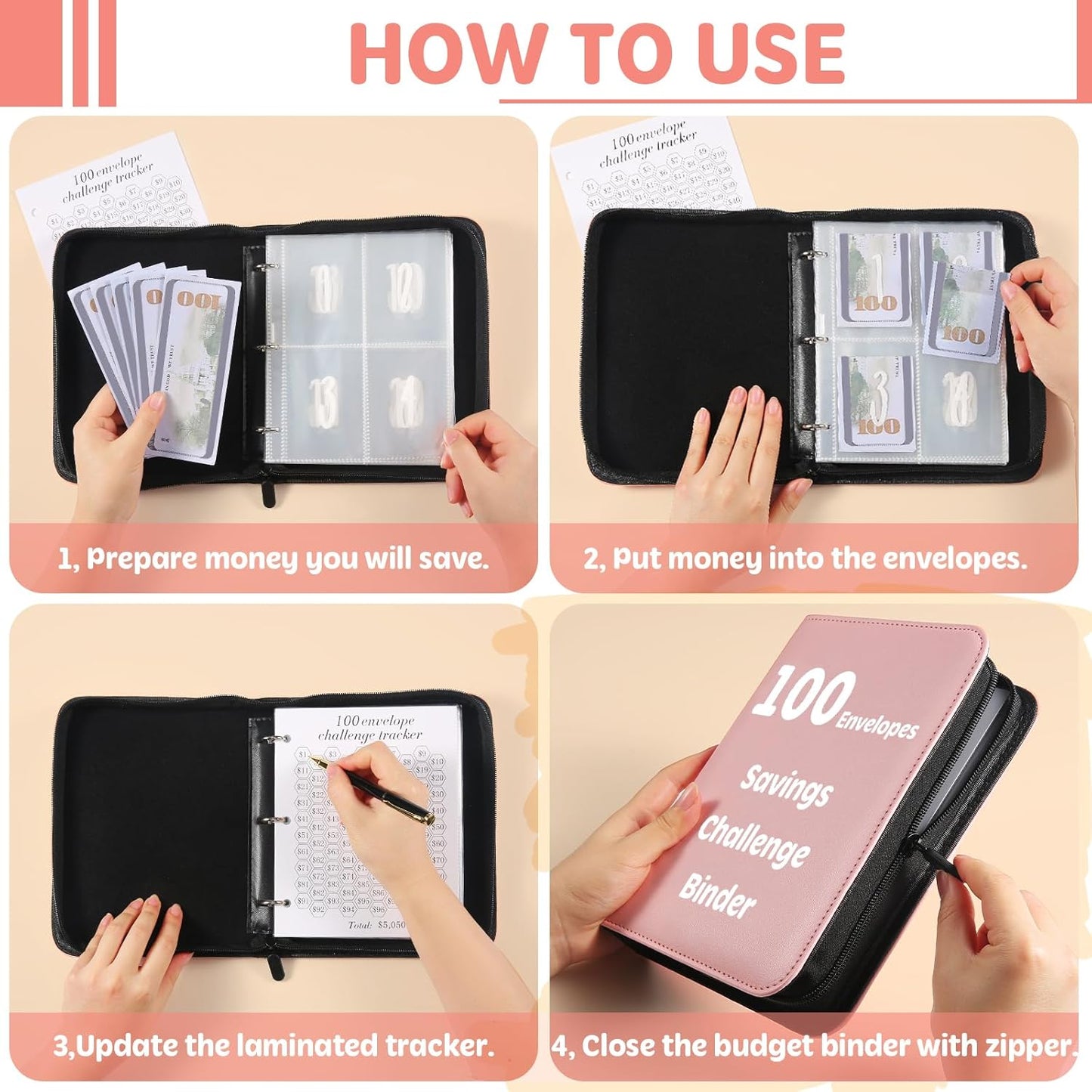 100 Envelopes Money Saving Challenge Binder with Laminated Tracker, Money Saving Challenge Budget Binder with Cash Envelopes, Savings Challenge Book with Zipper to save $5,050 (Pink)