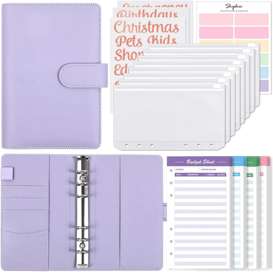 A6 Budget Organizer for Cash with 8Pcs Zipper Envelopes,12Pcs Expense Sheets & 24 Rose Gold Sticky Labels,Money Saving Binder for Budgeting