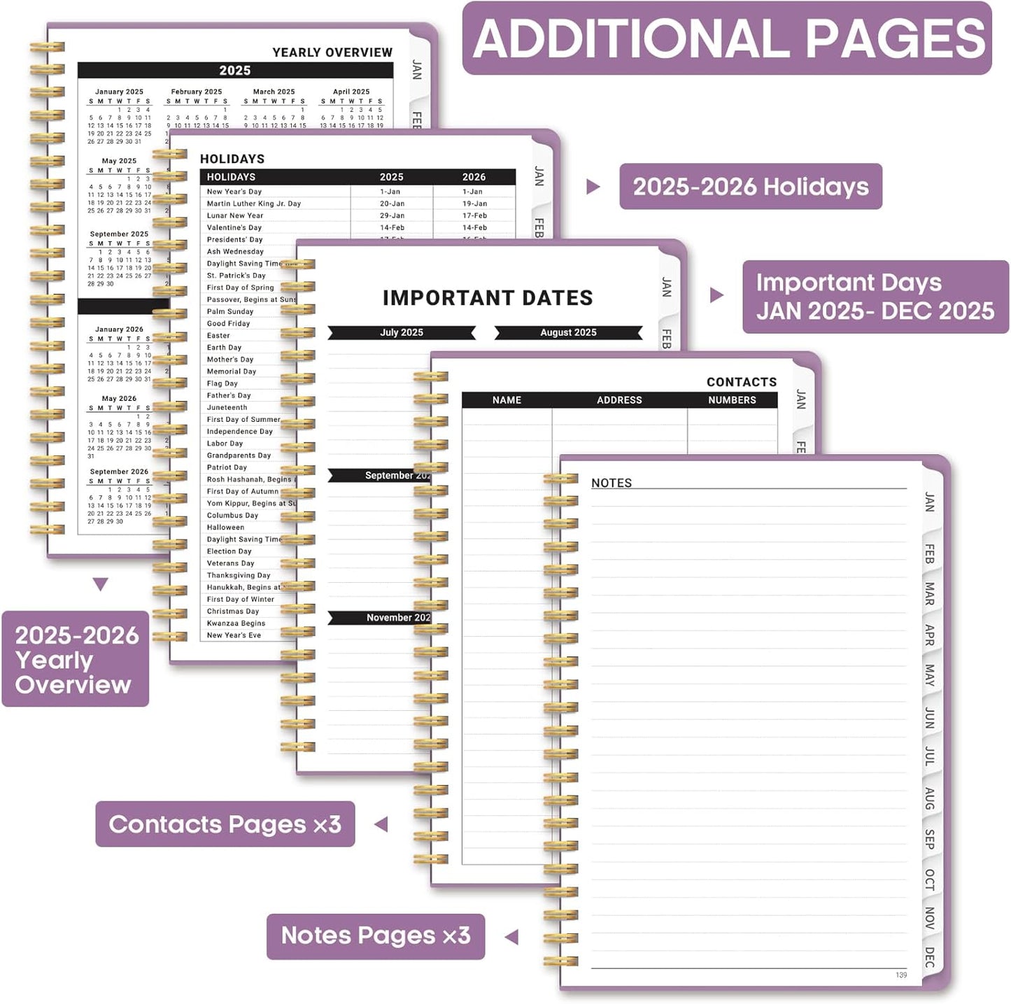 2025 Planner, Weekly and Monthly Calendar Planner Book, January 2025 - December 2025, Hardcover Planner 2025 with Monthly Tabs, Notes Pages, Spiral Bound, Inner Pocket, A5 (6.4" X 8.5") - Purple