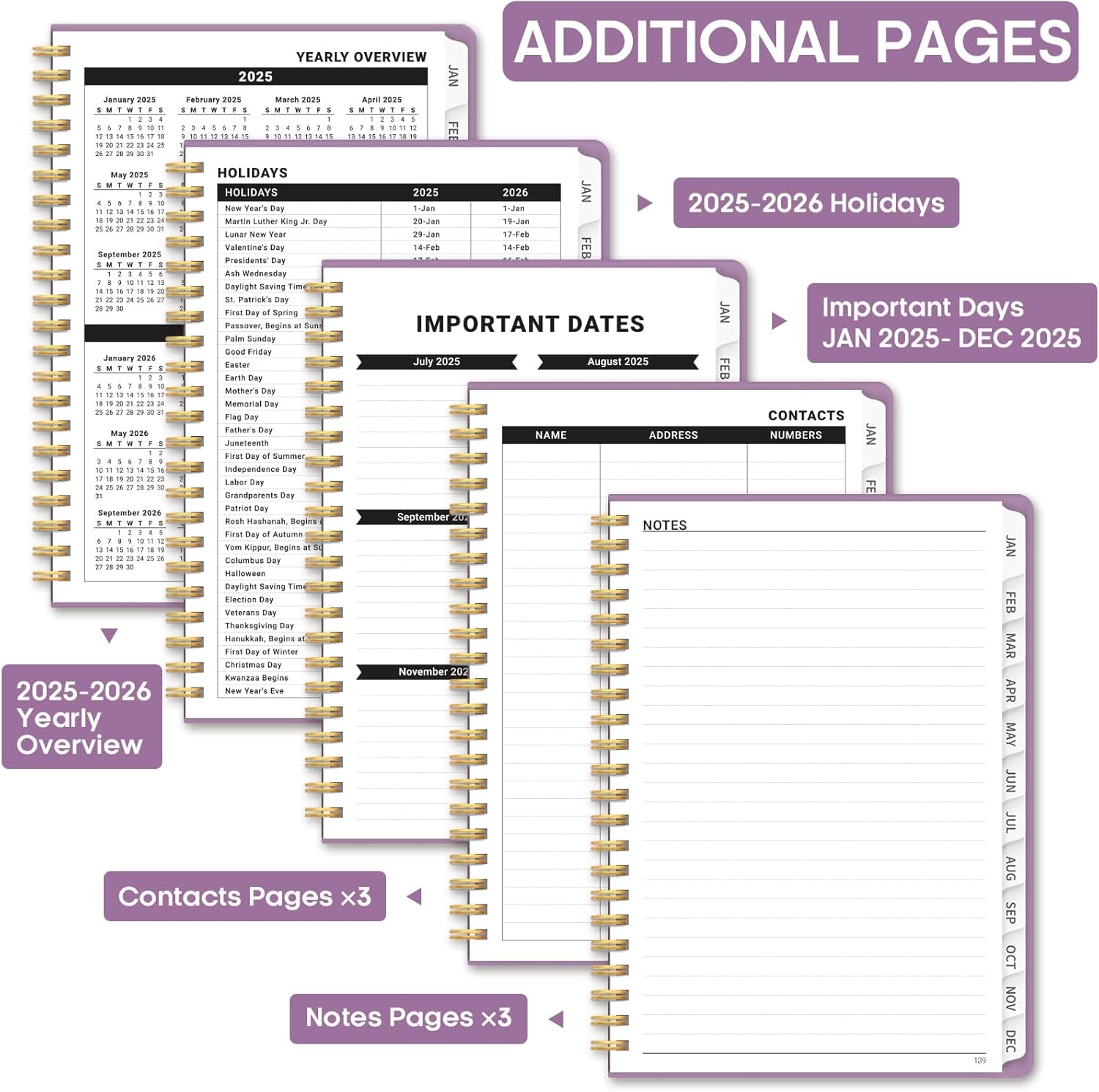 2025 Planner, Weekly and Monthly Calendar Planner Book, January 2025 - December 2025, Hardcover Planner 2025 with Monthly Tabs, Notes Pages, Spiral Bound, Inner Pocket, A5 (6.4" X 8.5") - Purple