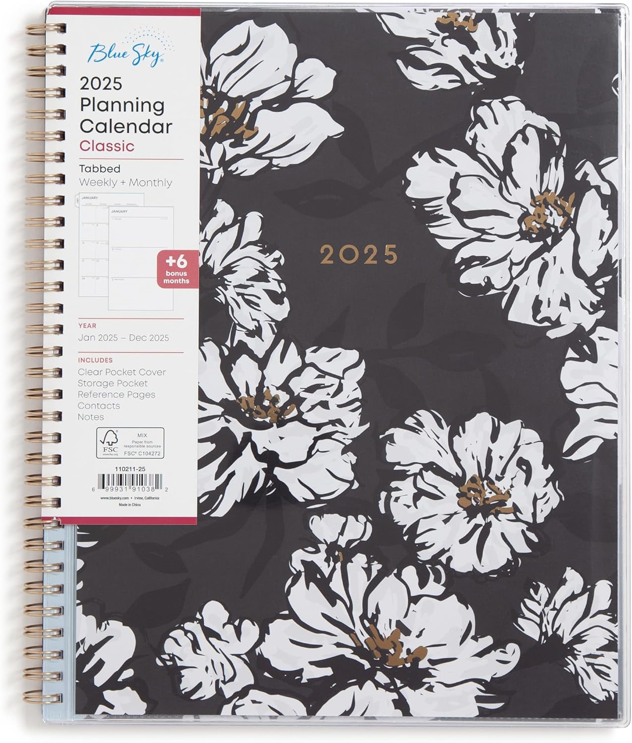 2025 Weekly and Monthly Planner Calendar, January 2025 - December 2025, 8.5" X 11", Clear Pocket Cover, Laminated Tabs, Wirebound, Storage Pocket, Baccara Dark