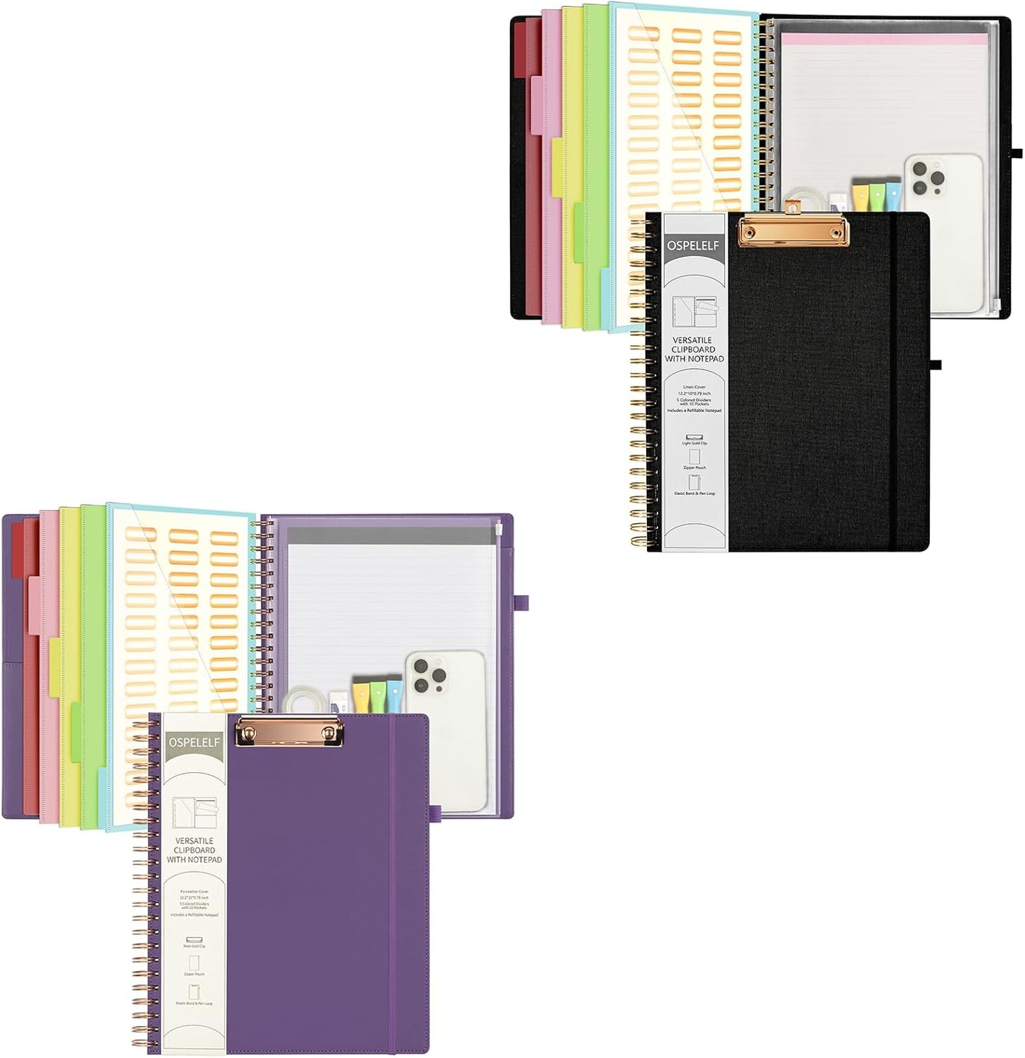 Foldable Spiral Clipboard Folio with Storage Zipper Pouch, 5 Plastic Folders with 10 Pockets,Refillable Lined Notepad (11" X 8.5"), Hardcover Project Organizer with 39 Stickers