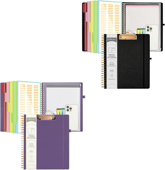 Foldable Spiral Clipboard Folio with Storage Zipper Pouch, 5 Plastic Folders with 10 Pockets,Refillable Lined Notepad (11" X 8.5"), Hardcover Project Organizer with 39 Stickers