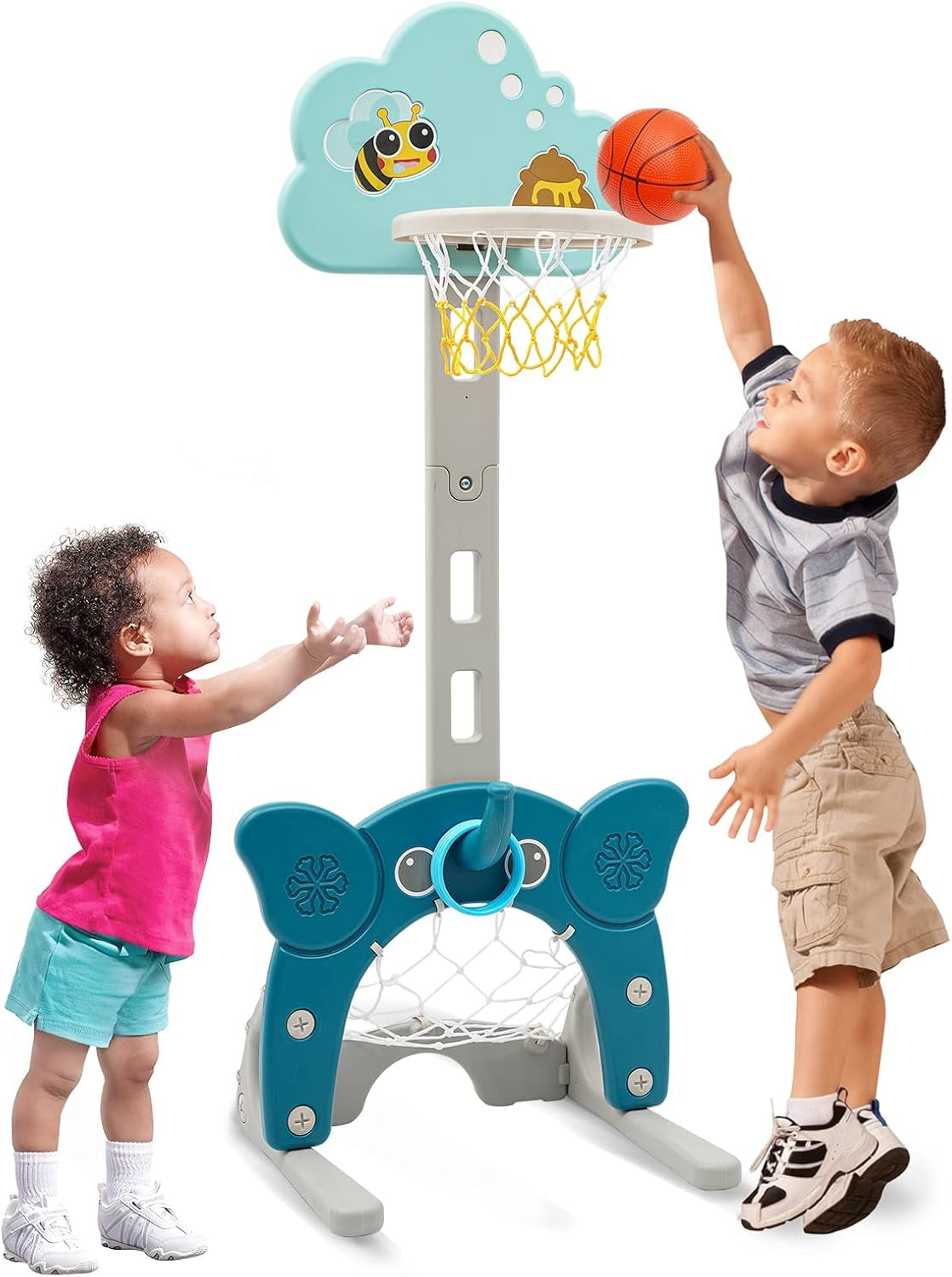 4-In-1 Toddler Basketball Hoop, Adjustable Height Kids Basketball Hoop with Soccer Goal Ring Toss Golf Play Set, Basketball Hoop for Kids Indoor Outdoor Sports Blue