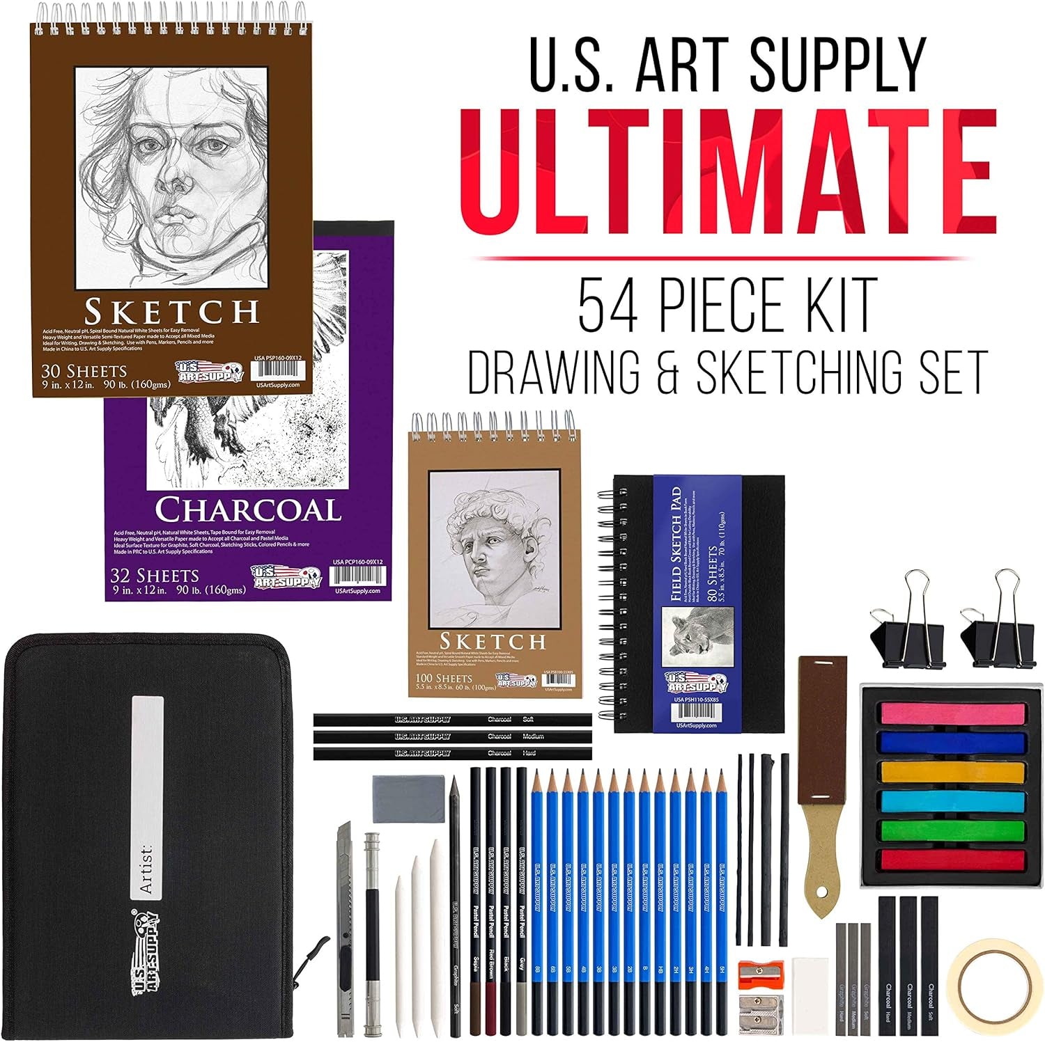 54-Piece  Drawing & Sketching Set with 4 Sketch Pads - Ultimate Artist Kit with Graphite, Charcoal, Pastels, Erasers in Pop-Up Carry Case