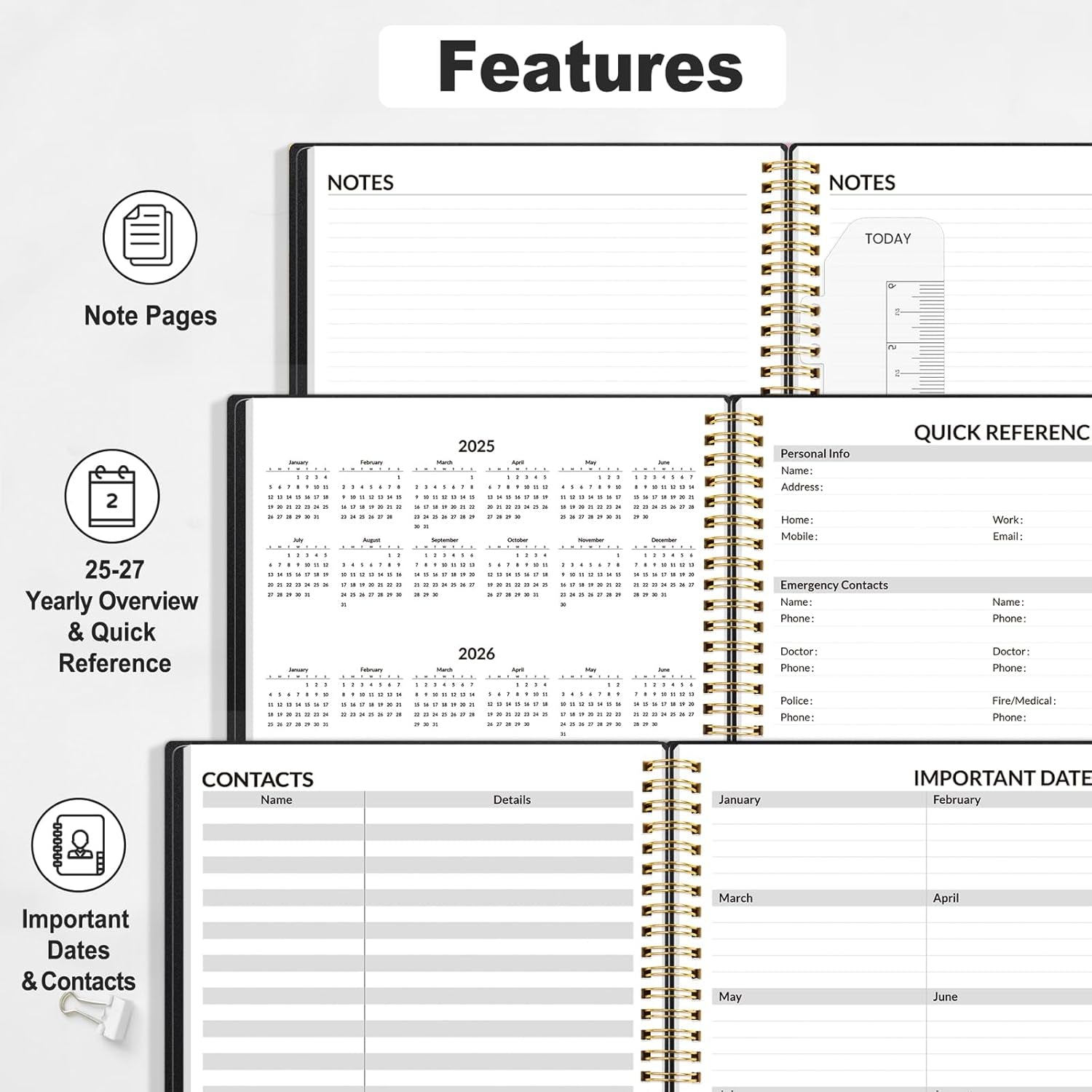 2025 Appointment Book, Quarter-Hourly, Weekly & Monthly - from January 2025 - December 2025, 8.5"X11" Weekly Planner, Flexible Cover, Note Pages, Pockets, Bookmark, Spiral Binding, Black