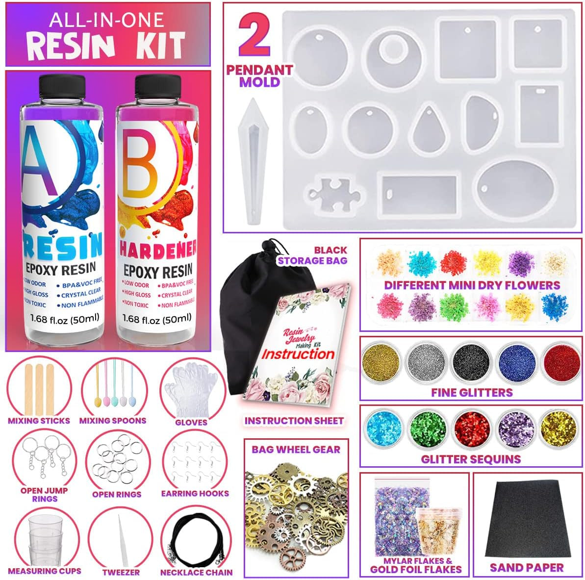 Resin Jewelry Making Starter Kit - Resin Kits for Beginners with Molds and Resin Jewelry Making Supplies - Silicone Casting Mold, Tools Set Clear Epoxy Resin for DIY Jewelry