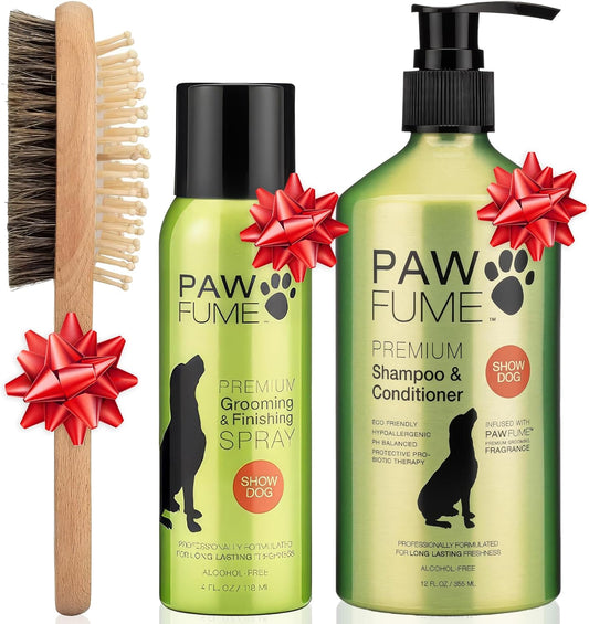 PAWFUME 2-In-1 Pet Grooming Brush + Spray for Show Dogs + Shampoo and Conditioner