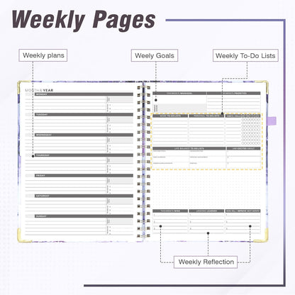 Academic Planner Undated Daily Spiral Binding Weekly Monthly Hardcover Planners with Stickers 12 Months Productivity Aesthetic Journey Letter Size Purple Marble