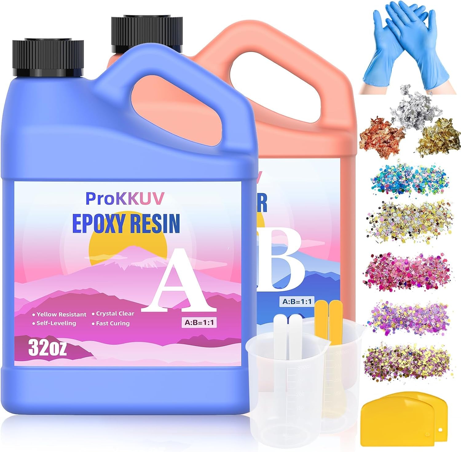 Epoxy Resin Kit, 64OZ Kit Crystal Clear Resin Epoxy, Bubble Free, No Yellowing, UV Resistant, Food Safe with Foil Flakes, Sequin, Easy Mix 1:1 for DIY Crafts Resin Jewelry Making