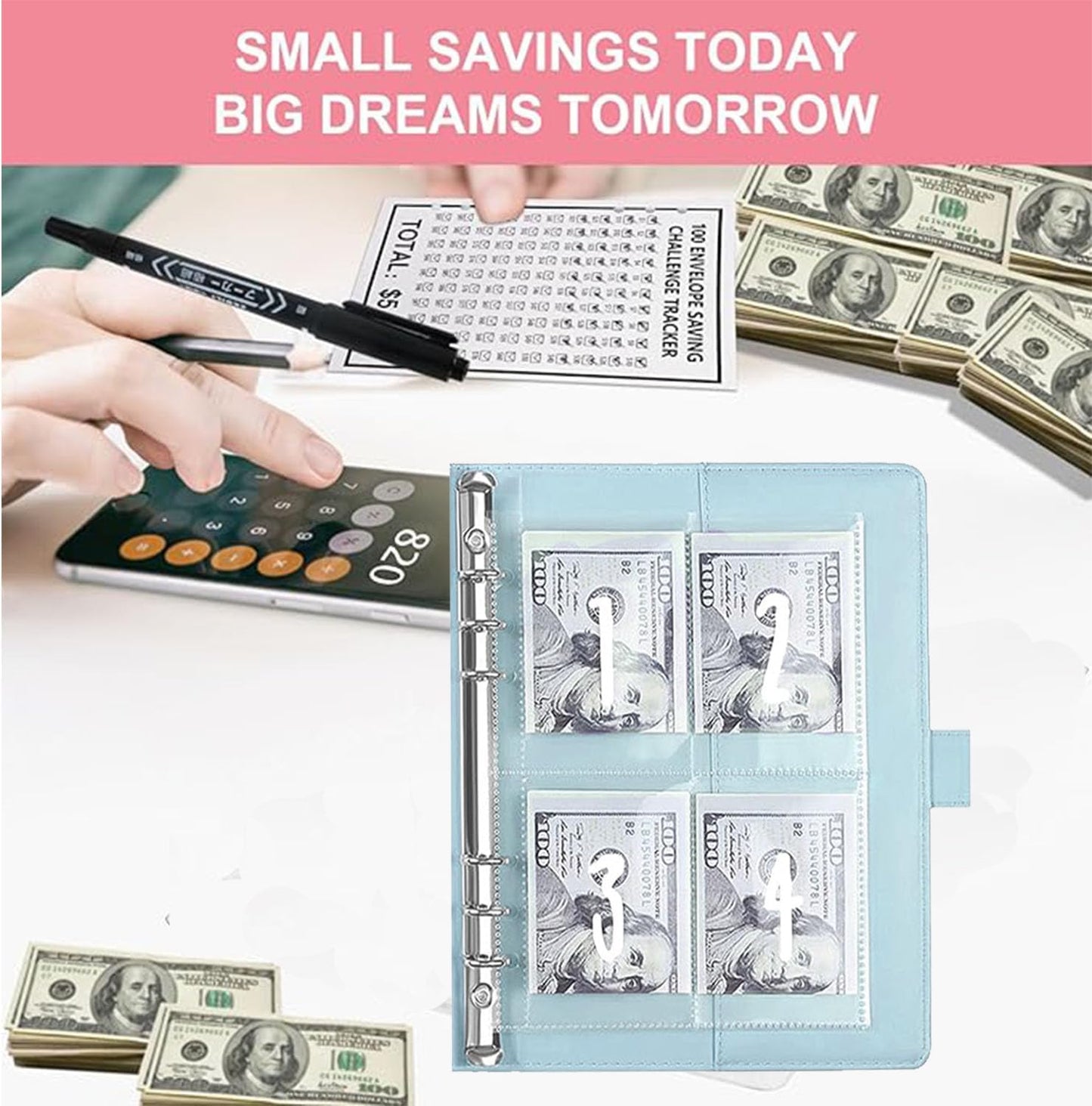 2PCS 100 Envelopes Money Saving Challenge, Envelopes Challenge Binder, Achieving Financial Goals with a Budget Binder and Cash Envelopes, Successfully Reach Your Savings Goals of $5,050 (Blue+Black)