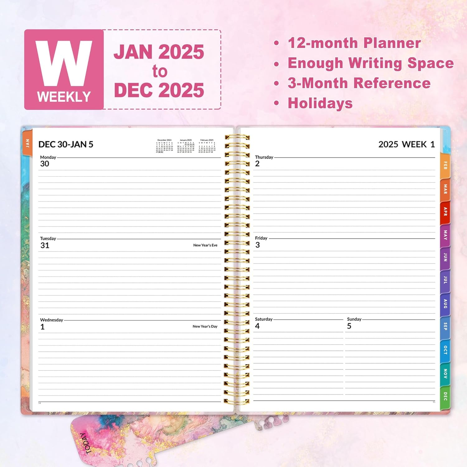 2025 Weekly and Monthly Planner - from January 2025 - December 2025, 8.5"X11" Daily Agenda Planner with Monthly Tab, Flexible Cover, Note Pages, Pockets, Bookmark, Spiral Binding, Marble