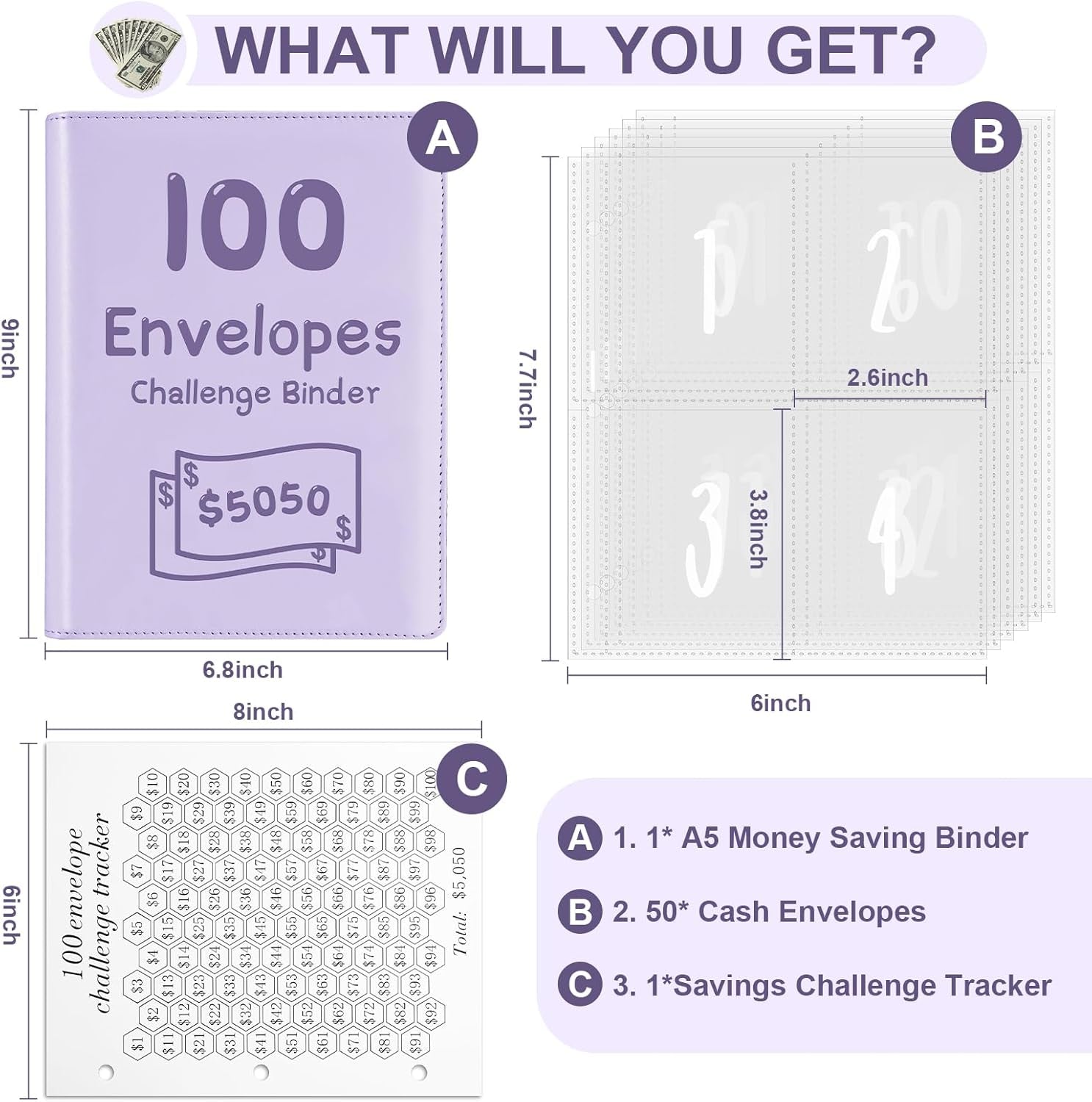 100 Envelopes Money Saving Challenge - Budget Binder Money Saving Challenge Book to save $5,050 with Cash Envelopes, A5 Binder for Money Saving Challenge Book, Purple